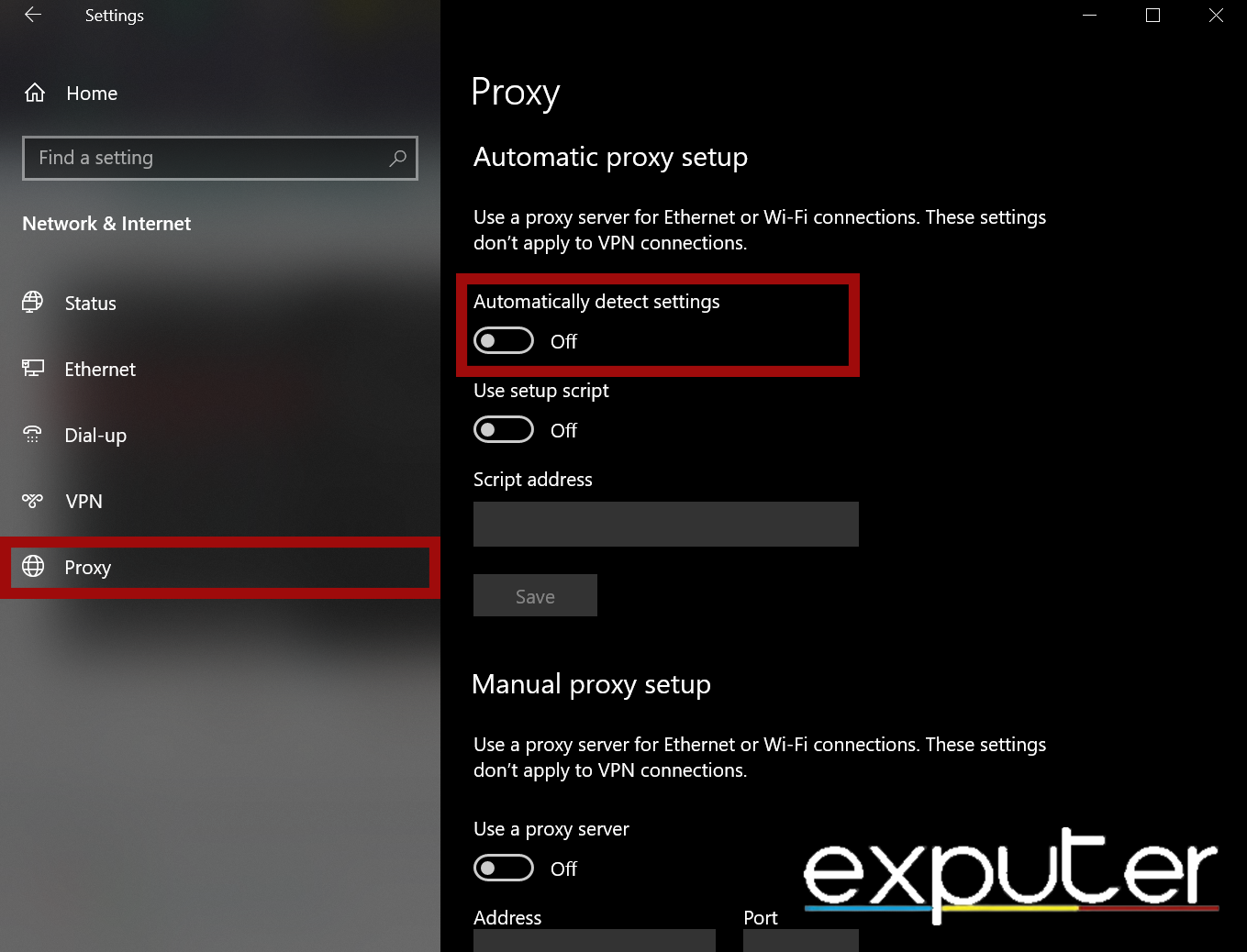 Turning off Automatic Proxy setting Detection in Network and Internet Settings in the Settings app. (image captured by eXputer)