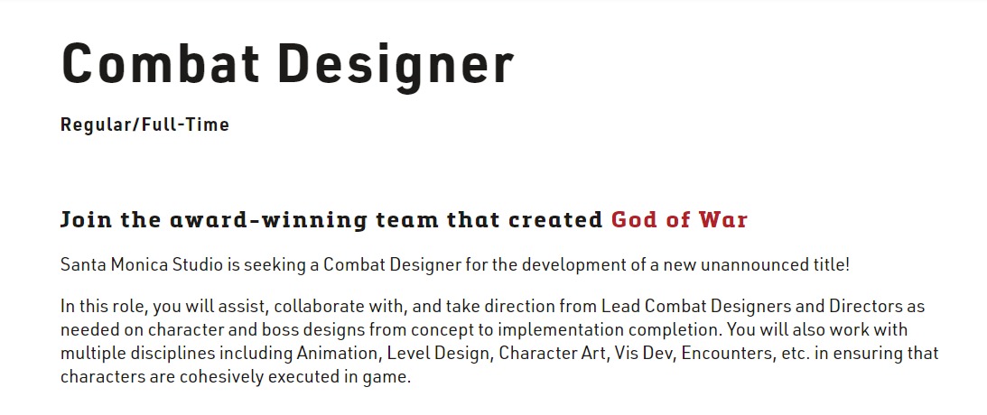 Sony Santa Monica Studio is hiring for a combat designer.