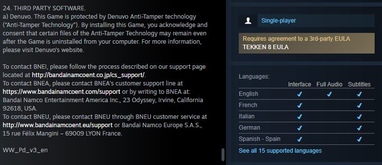 Tekken 8's Steam Store page features a third-party EULA agreement.