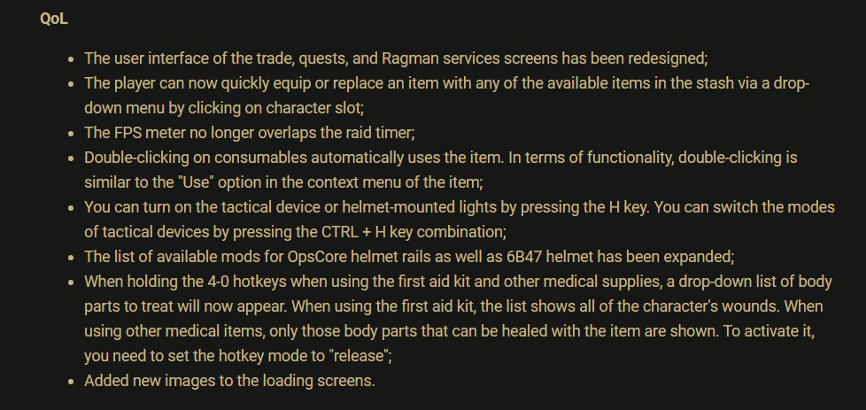 The new Escape from Tarkov update adds many QoL features.