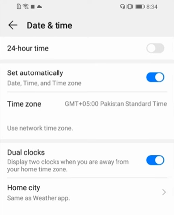 Date and time settings on mobile