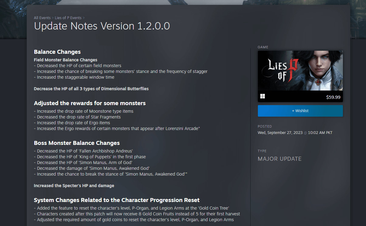 Lies of P Update 1.2 on Steam