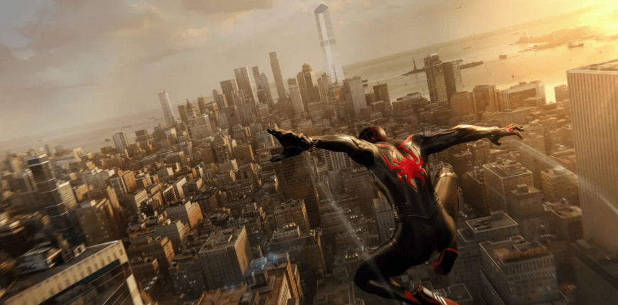 Miles Swinging Through New York in Spider-Man 2