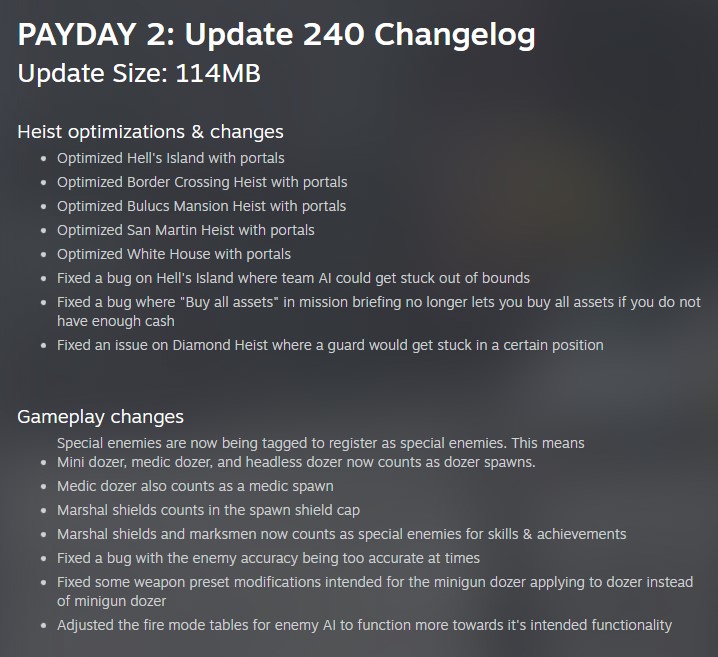 Payday 2 Update 240 Changelog