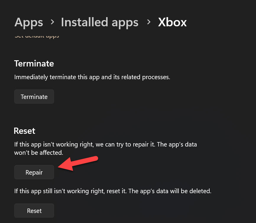 Repair Xbox App in Windows