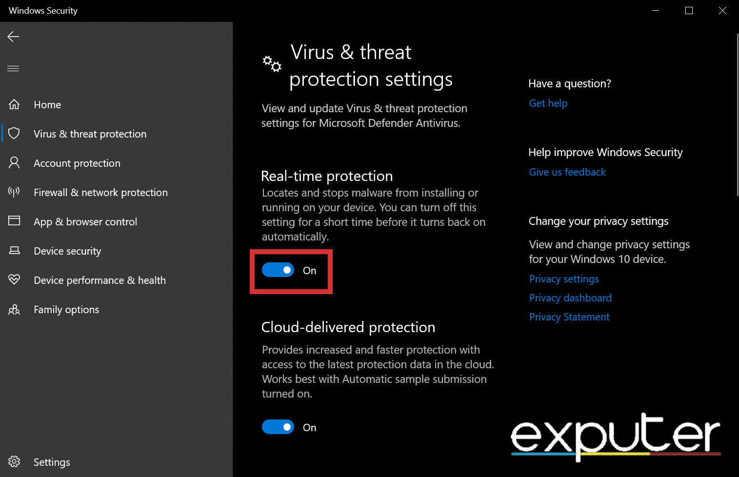 Turning Off Real-Time Protection in Windows Virus and Threat Protection Settings. (image taken by eXputer)