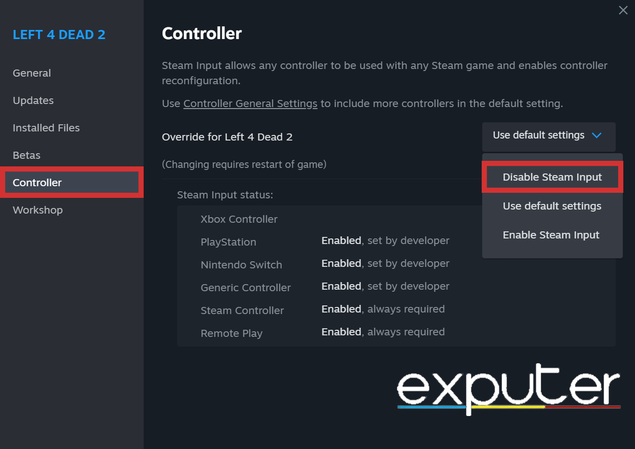 Disabling the Steam Input Option in the Steam app Settings. (image copyrighted by eXputer)