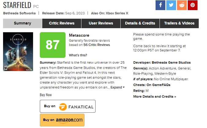 Starfield sits at 87 on Metacritic.