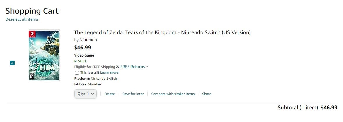 Tears of the Kingdom at a Discounted Price Point on Amazon