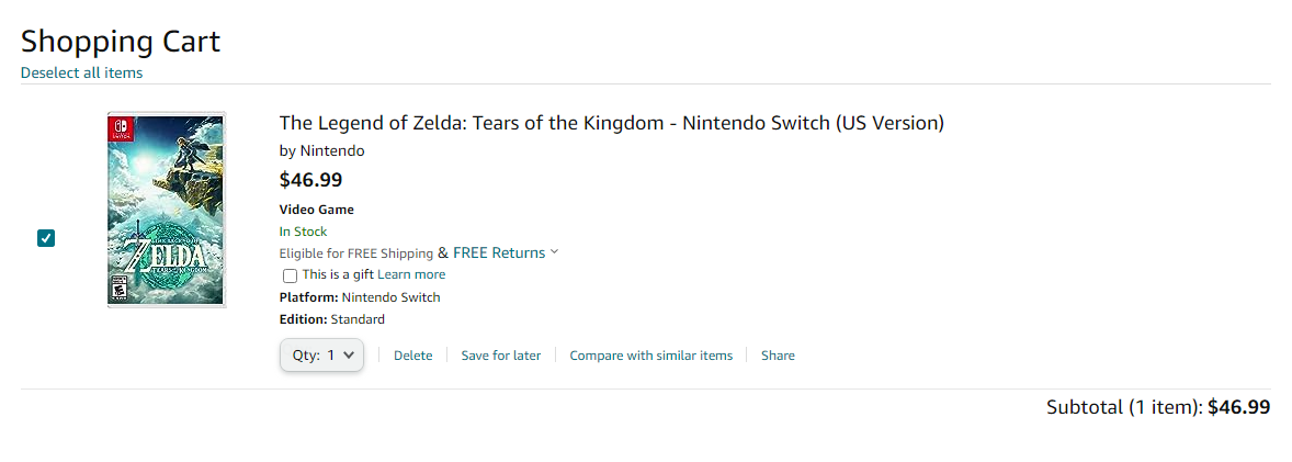 Tears of the Kingdom at a discounted price point on Amazon