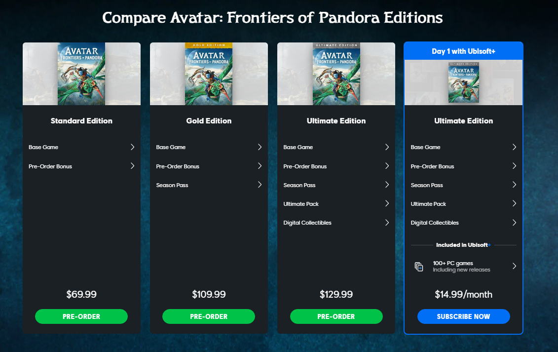 The Various Editions of Avatar: Frontiers of Pandora on the Ubisoft Store