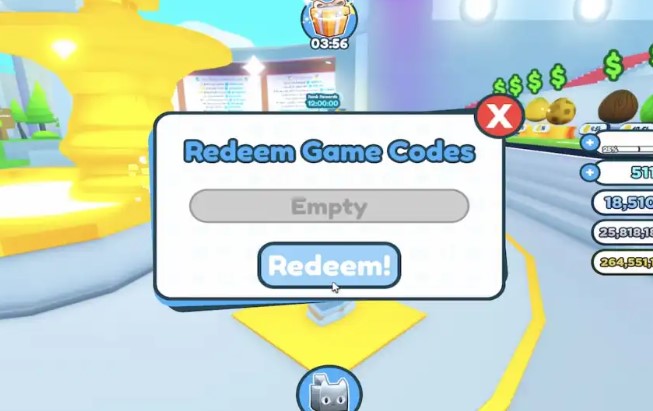 The screen displayed when redeeming codes