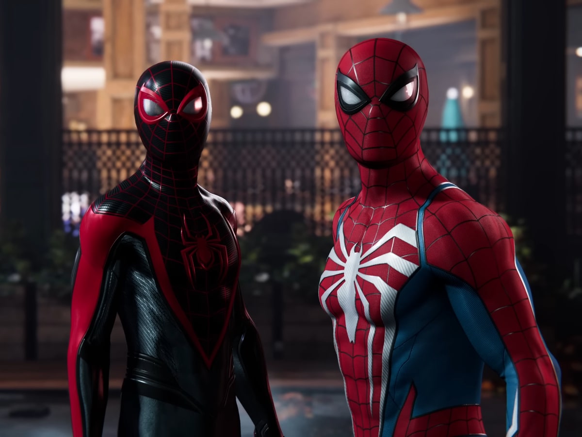 A screencap of Miles Morales and Peter Parker together in Marvel's Spider-Man 2.