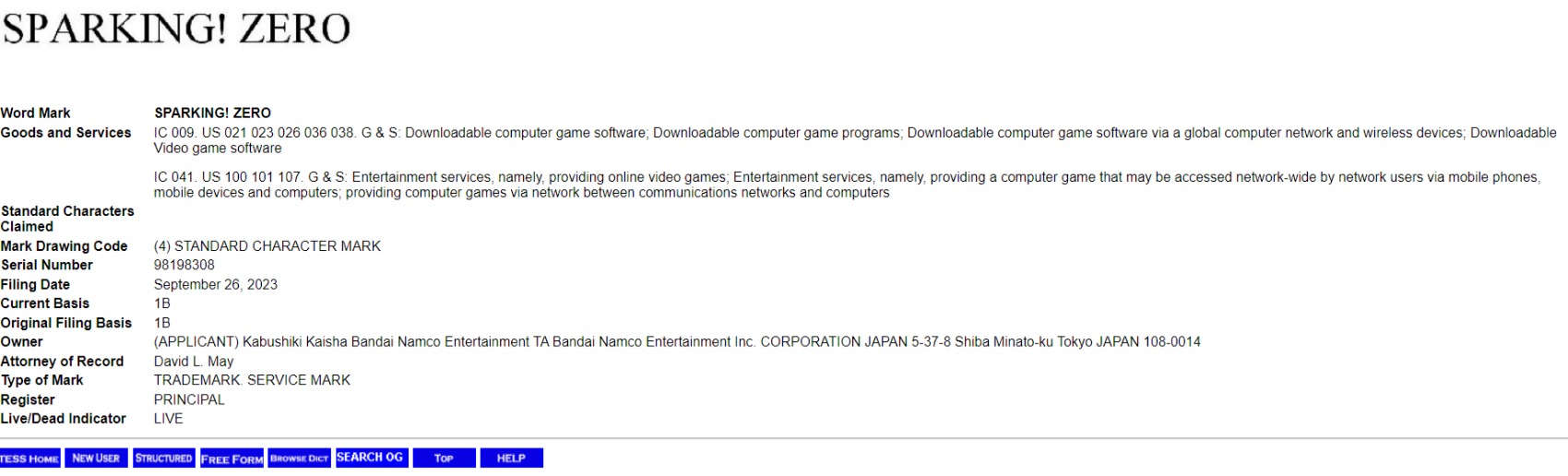 Bandi Namco has recently filed the Sparking! Zero Trademark.