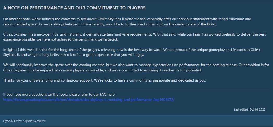 Cities: Skylines 2 Devs admit the failure to reach the performance target (Source: Paradox Forum, Official account)