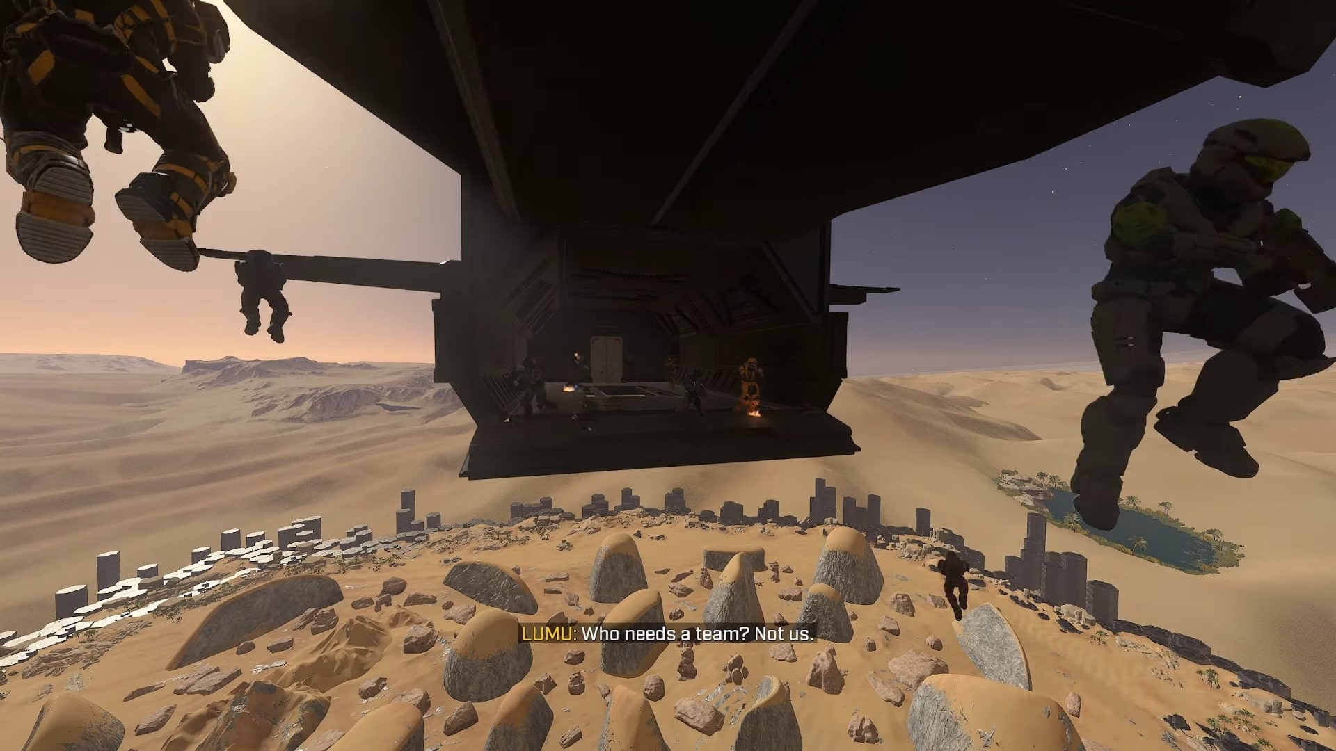 Players jumping out of the drop ship in Halo's Battle Royale game mode.