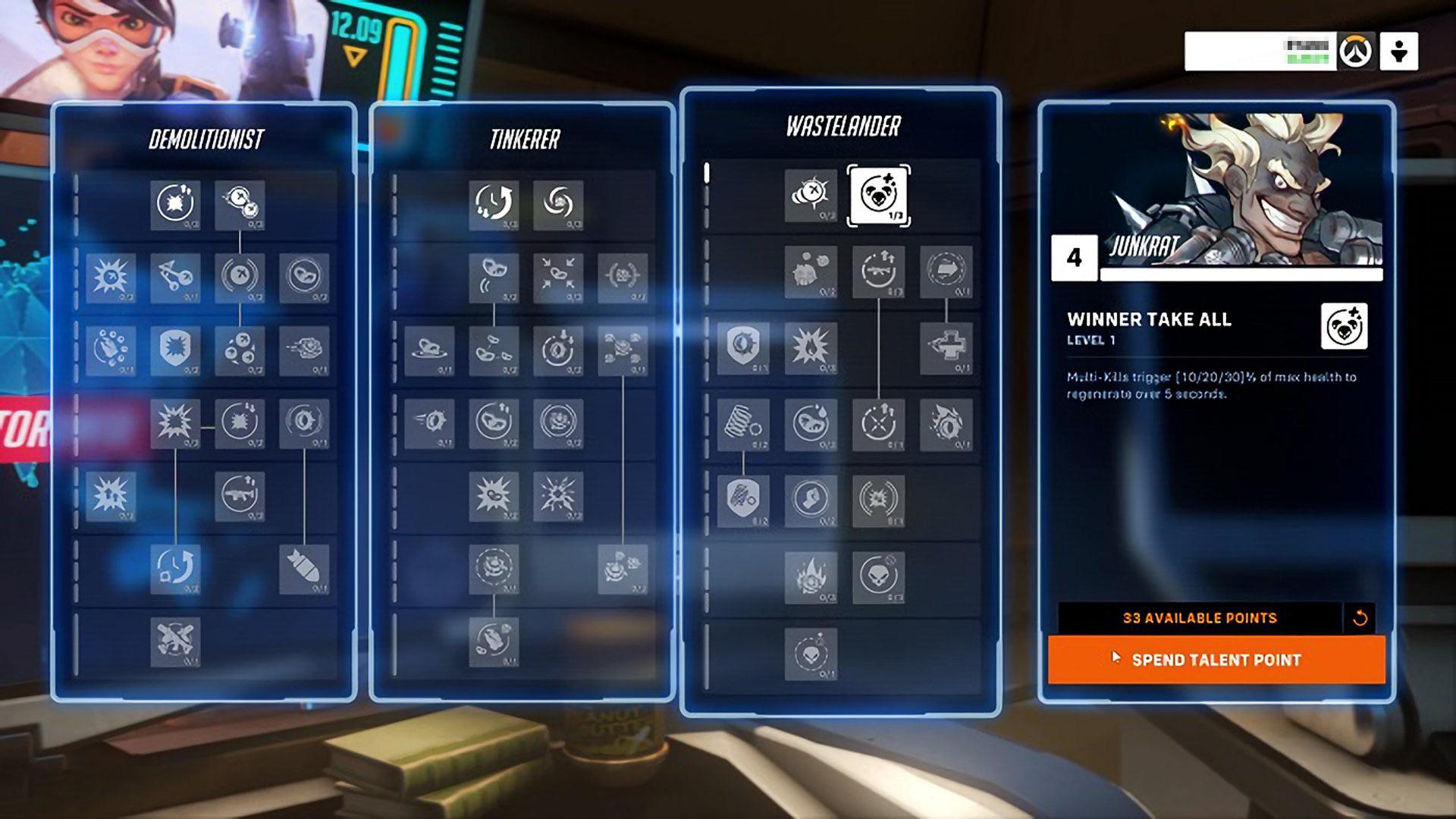 Junkrat's skill tree in Overwatch 2 PVE missions before it got scrapped during development.