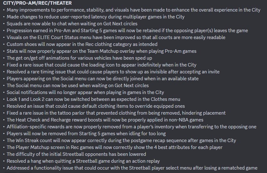 Patch Notes - City/Pro-Am/Rec/Theater