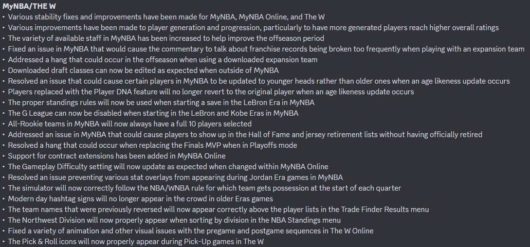 Patch Notes - MyNBA/The W
