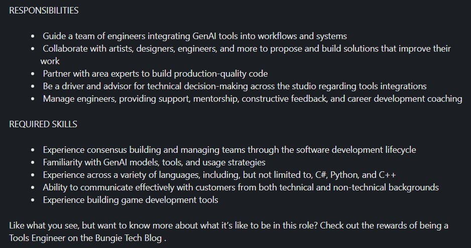 New Bungie job listing mentions using generative AI for its games and systems.