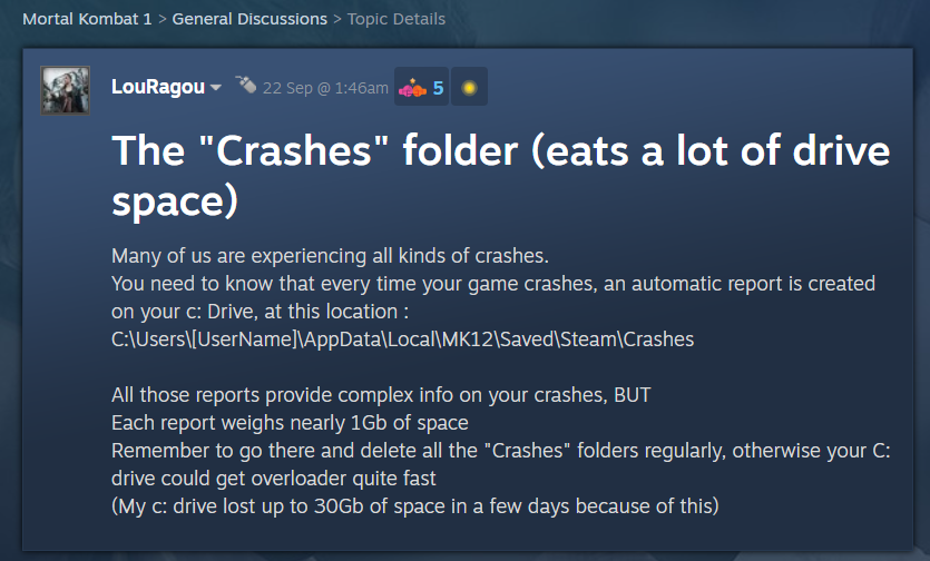 Players are advised to clear their "Crashes" folder if they encounter this issue