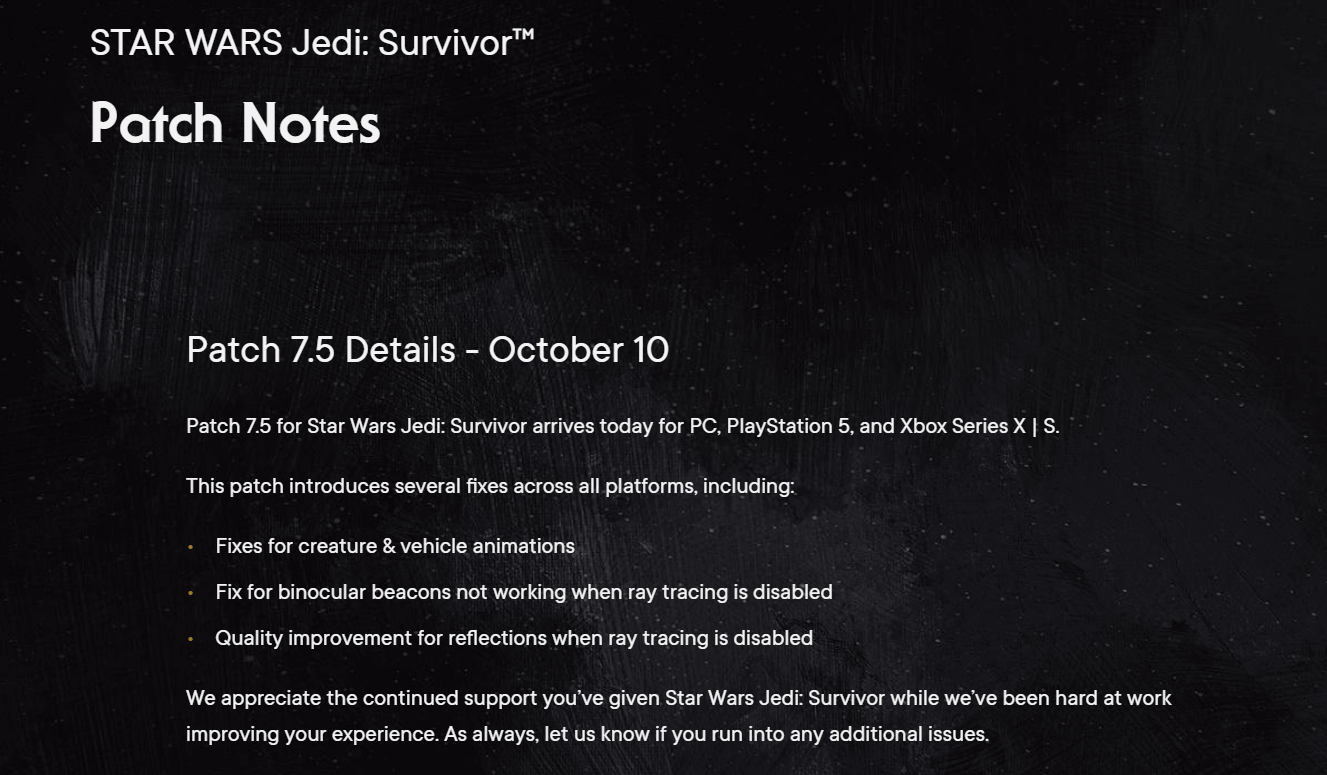 Improvement in Game Quality with New Star Wars Jedi: Survivor Hotfix