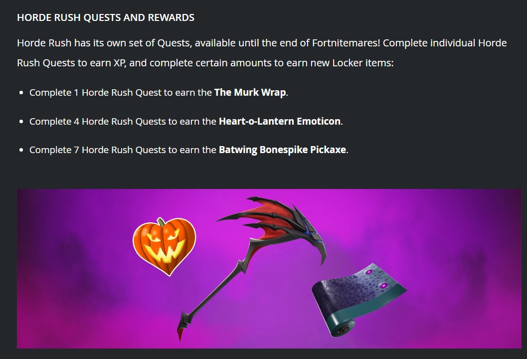 The new Horde Rush quests also bring spooky cosmetics. || Image Source: Fortnite.