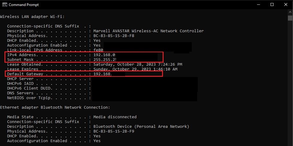 using ipconfig to get connection details
