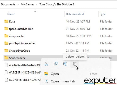 Windows screen showing the cache folders for The Division 2
