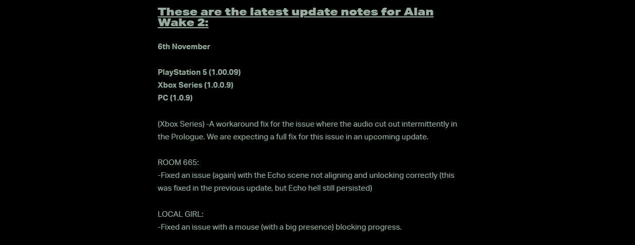 Alan Wake 2 Latest Patch Notes