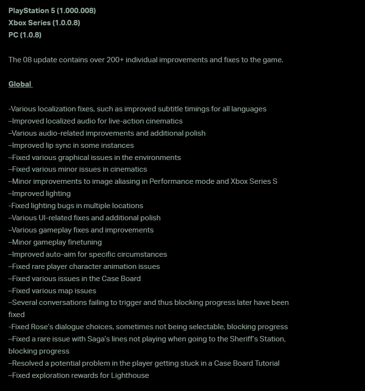 All Global Fixes in Alan Wake 2's Update v08