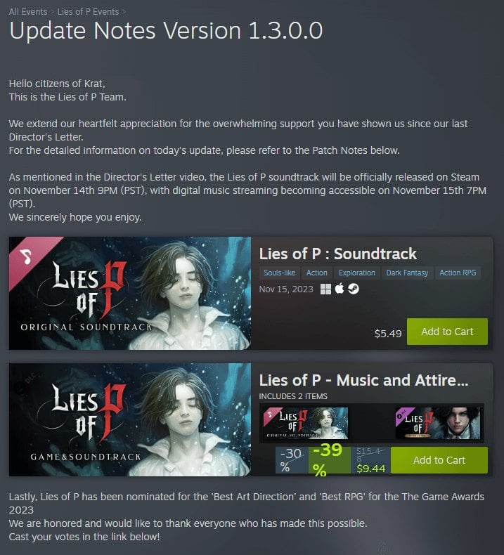 Lies of P Update 1.3.0.0