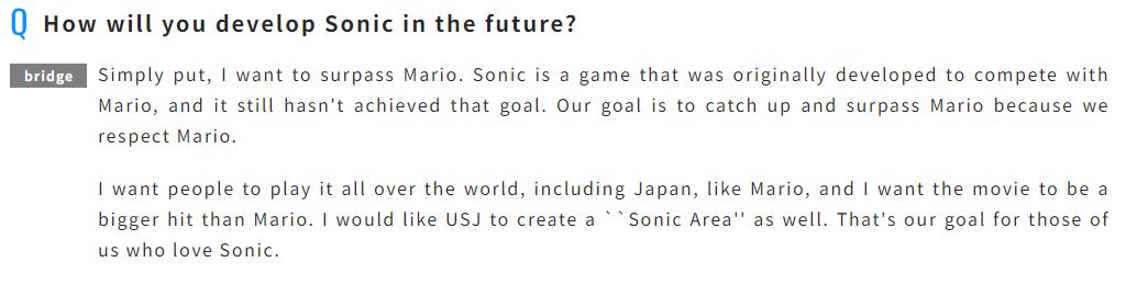 Osamu Ohashi, Division Manager at SEGA, wants Sonic to compete against and surpass Mario.