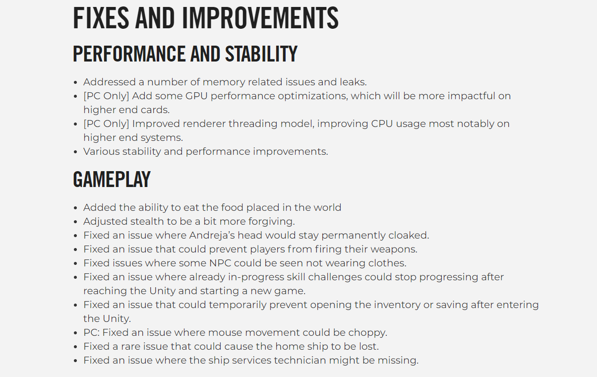 Updates highlighting multiple improvements in gameplay