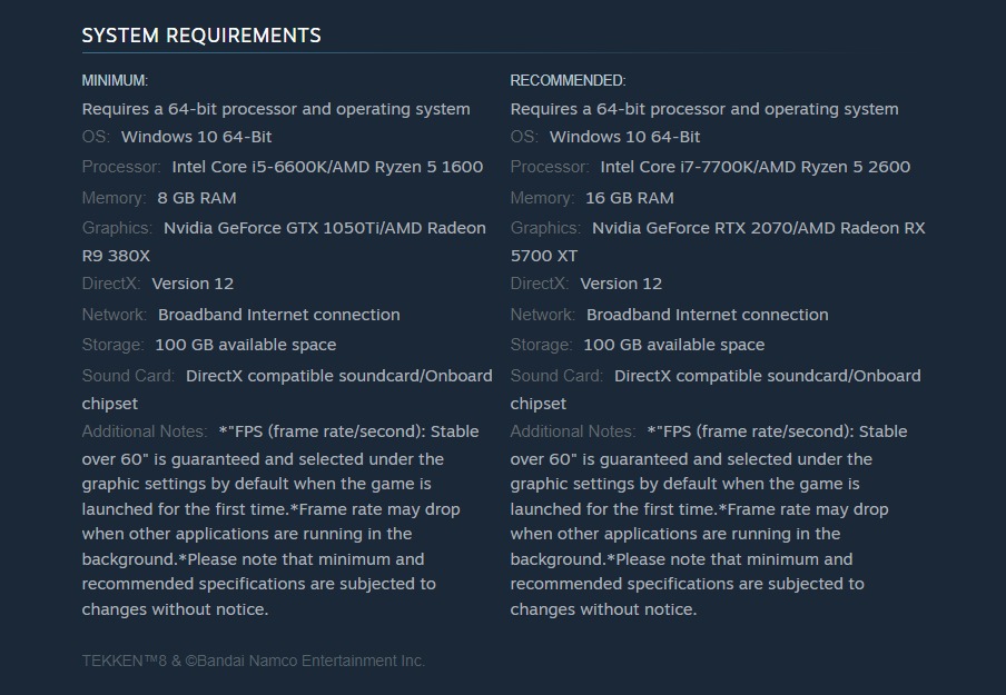 Tekken 8 system requirements on Steam.