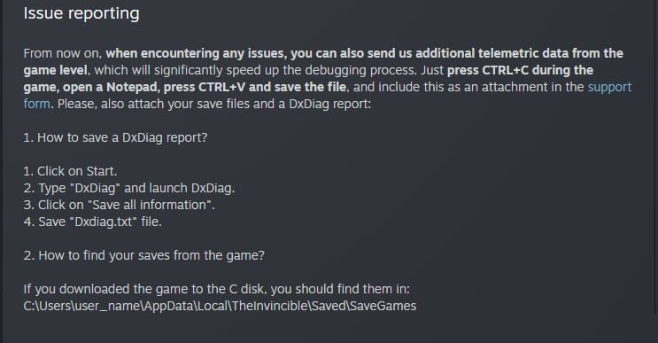 Instructions on reporting issues to the developers of The Invincible.