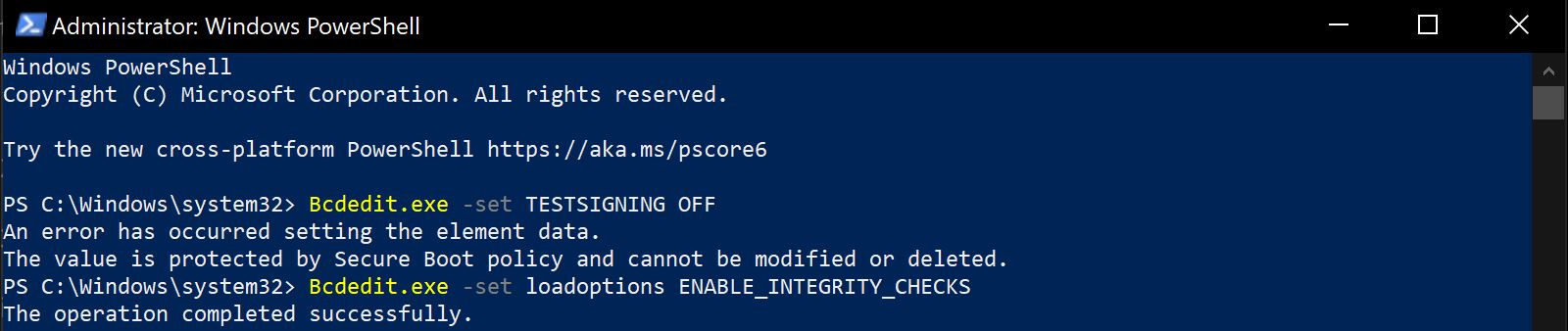 turning test mode off in powershell