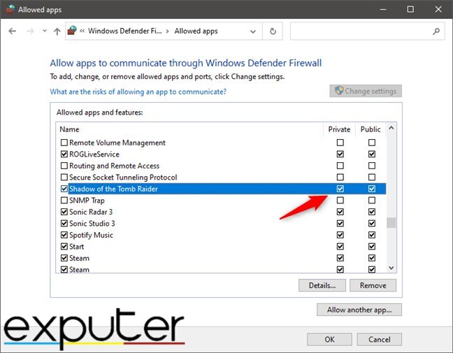Screen showing how to allow apps through Windows Firewall