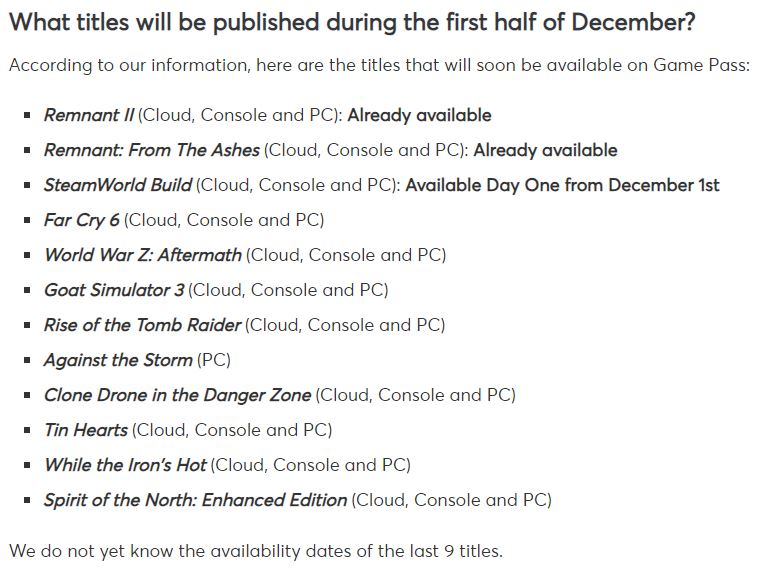 List of games that are expected to release on Xbox Game Pass in early December. (Source: Dealabs)
