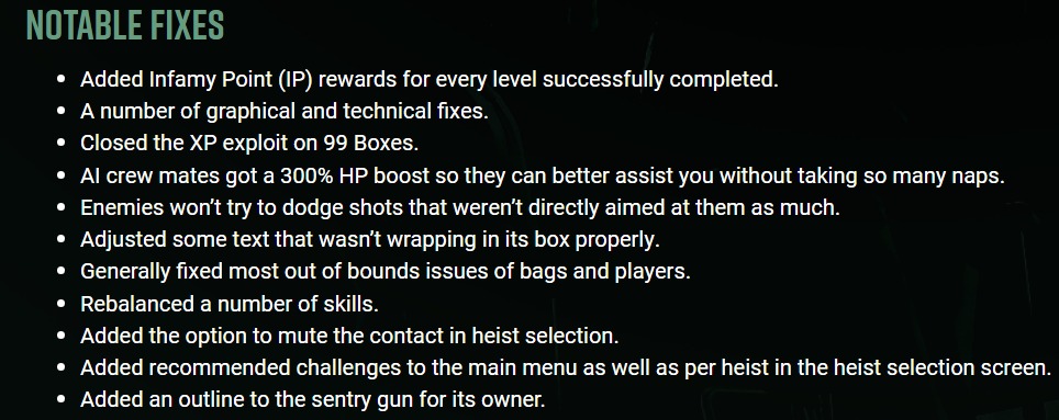 A list of notable fixes in the new Payday 3 1.0.2 update.