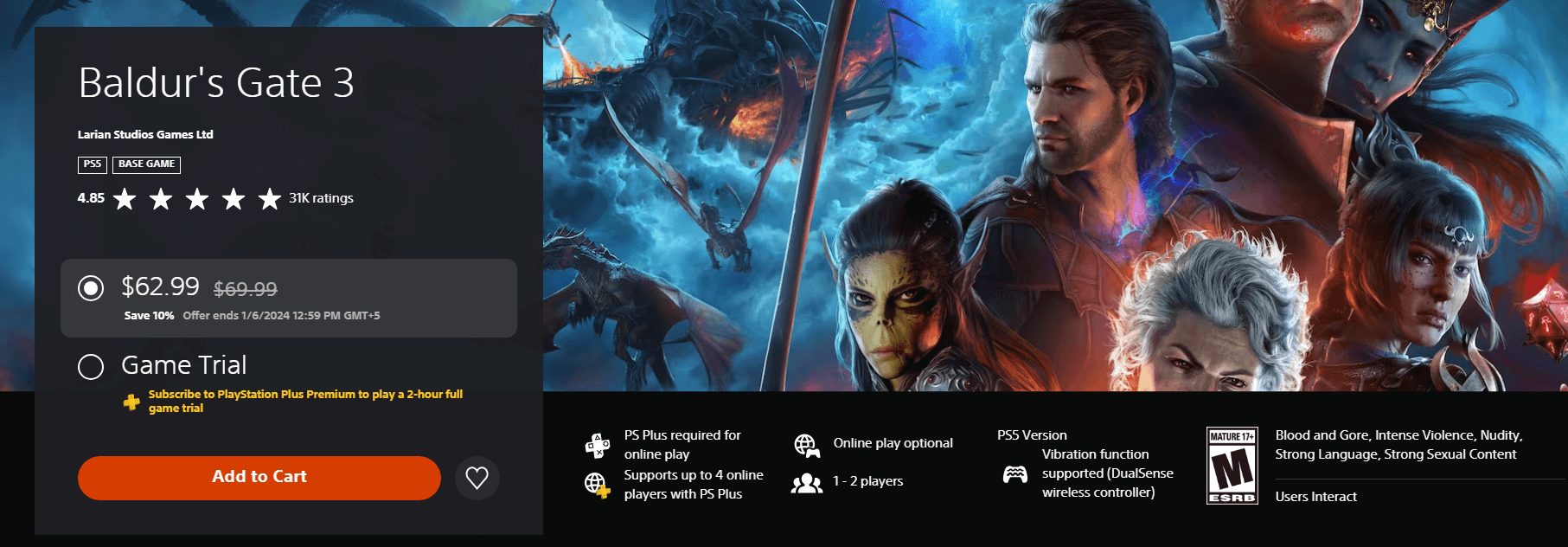 Baldur's Gate 3 on the PlayStation Store