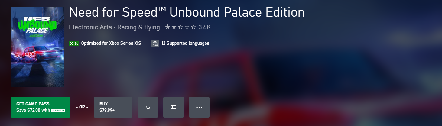 Need for Speed Unbound Palace Edition on the Xbox Store