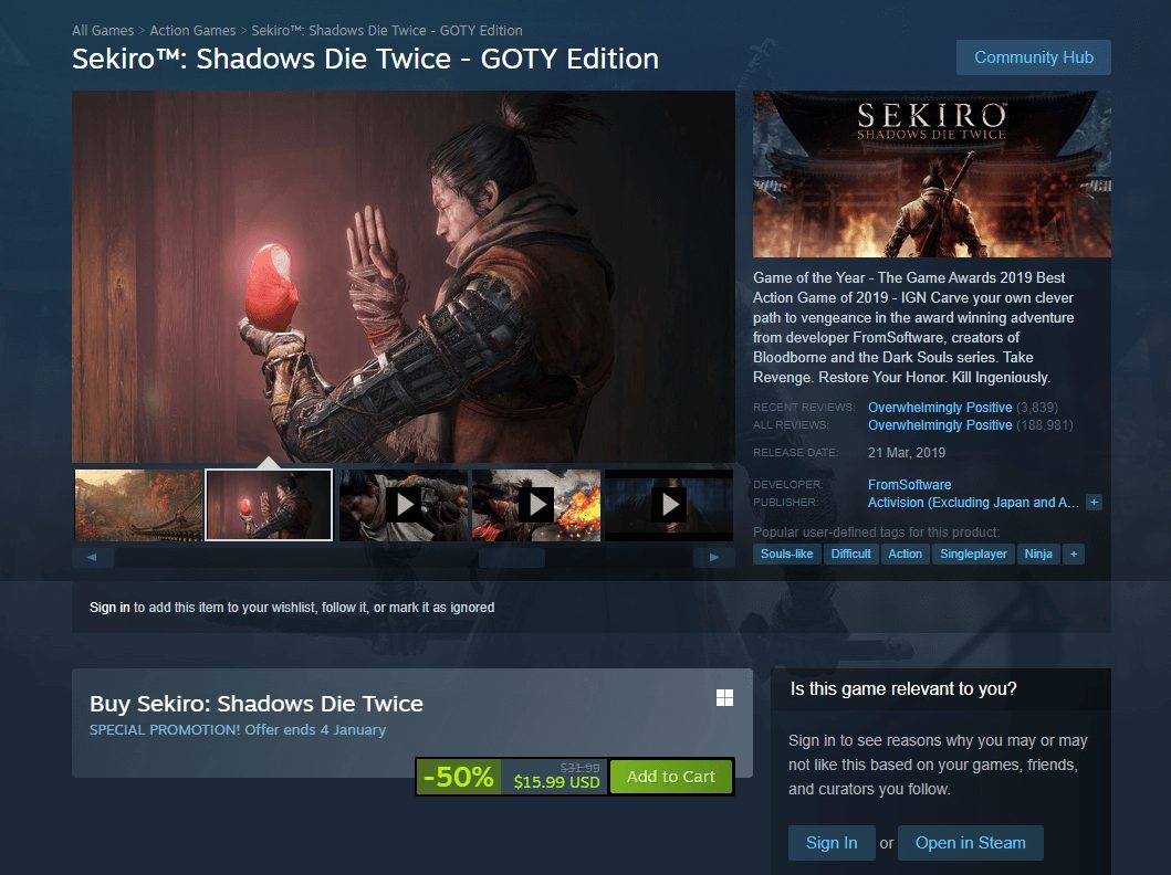 Sekiro: Shadows Die Twice on Steam