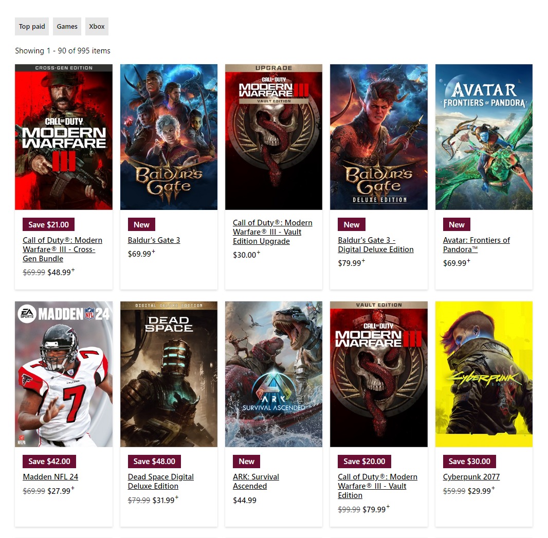 The current top-selling games on the Xbox store by top-paid option.