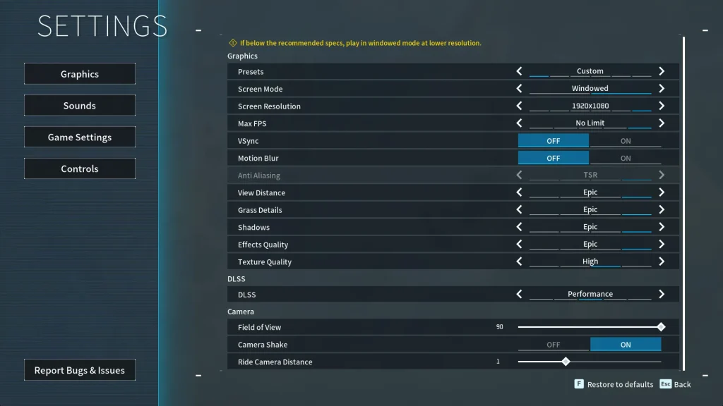 Graphics Settings Screen where players will configure settings to achieve the best possible settings for Palworld.