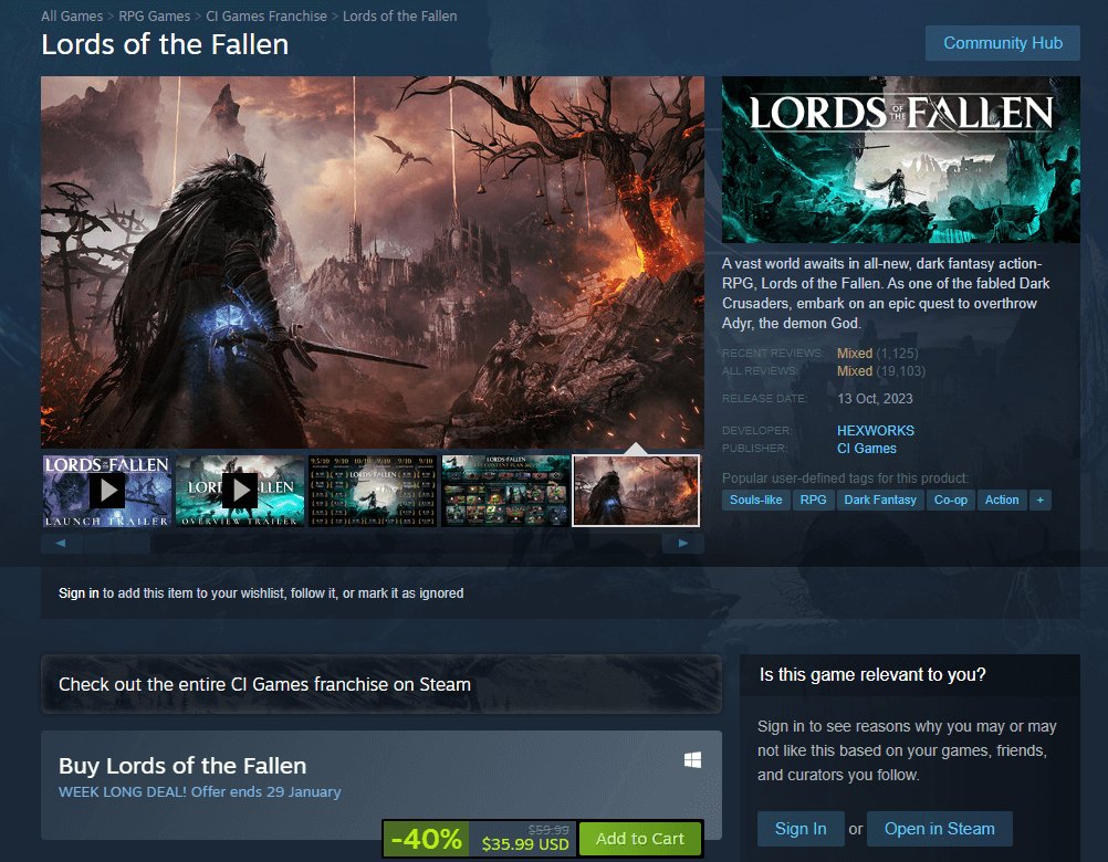 Lords of the Fallen Discounted on Steam