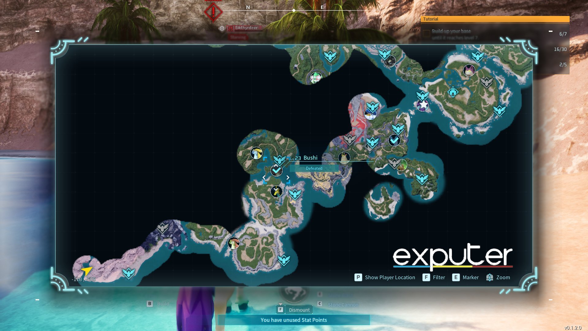 level 23 Alpha Bushi spawn location on map in Palworld. (image captured by eXputer) 