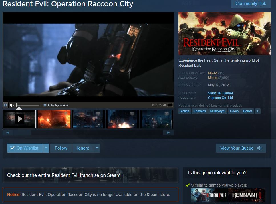 Resident Evil: Operation Raccoon City has been permanently removed from Steam.