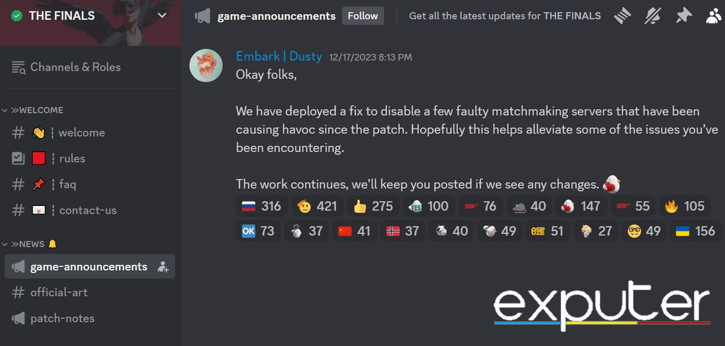 The Finals discord update on matchmaking. (image captured by eXputer)