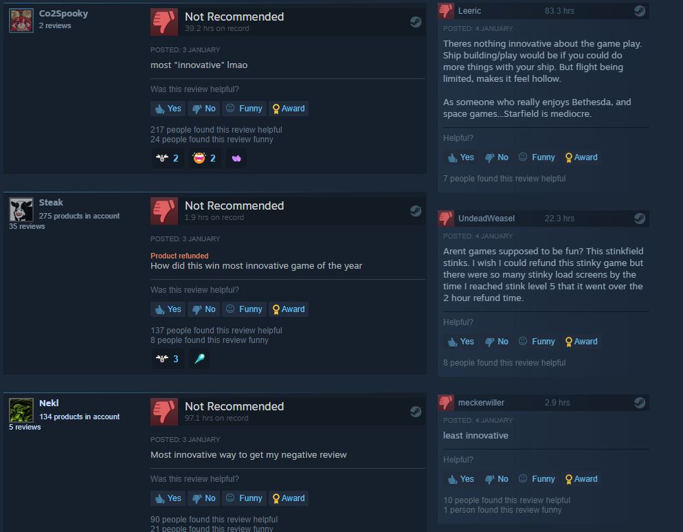 A glimpse at the negative reviews that were posted on Starfield's Steam Store page.